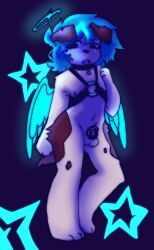 absurd_res angelpsyche anthro bird_dog canid canine canis chastity_cage chastity_device chip_(angelpsyche) collar disgust domestic_dog glowing glowing_body halo harness hi_res hunting_dog labrador light_blush male mammal retriever smug solo tongue tongue_out top_scars wings