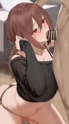 1boy ass bed black_panties black_sweater breasts cleavage commentary_request completely_nude fellatio female highres huge_breasts indoors long_hair navel nude oral original panties penis ratsuku_kinoko red_eyes stomach straight sweater underwear