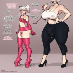 1boy 1futa chastity chastity_device crossdressing femboy futa_on_male futadom futanari gigantic_breasts huge_breasts male mrpotatoparty nier:_automata penis_size_difference revealing_clothes size_difference text voluptuous yorha_2b yorha_9s