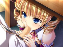 blonde_hair blue_eyes bow censored cum curly_hair drill_hair fellatio hongou_kazuto koihime&dagger;_(series) koihime_musou oral penis ribbon sousou_moutoku_(koihime) tied_hair twintails under_the_table