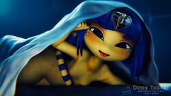 2024 3d_(artwork) animal_crossing ankha ankha_(animal_crossing) anthro areola arm_support bed blue_hair blush breasts digital_media_(artwork) domestic_cat felid feline felis female fur furniture glistening glistening_body hair hi_res inviting inviting_under_covers lifting_covers looking_at_viewer lying mammal markings nintendo nipples nude on_side sashacakes shortstack small_breasts solo striped_markings striped_tail stripes tail tail_markings teasing tongue tongue_out under_covers uraeus watermark yellow_body yellow_fur