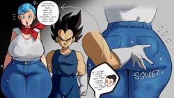 big_ass big_forehead blue_clothes bra_visible_through_clothes bulma_briefs bulma_briefs_(dragon_ball_super) dragon_ball dragon_ball_super gloves grabbing_ass groping_from_behind hands_on_ass height_difference jeans juicy_butt red_ascot risky squeezing_butt vegeta white_shirt wide_hips wide_thighs