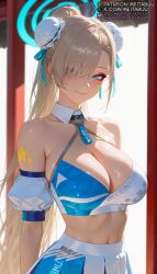 1girls ai_generated alternate_costume asuna_(blue_archive) asymmetrical_bangs bare_shoulders blonde_hair blue_archive blue_eyes blue_skirt blush breasts bun_cover cheerleader cleavage closed_mouth collarbone cosplay criss-cross_halter crop_top detached_collar detached_sleeves double_bun eyeliner facial_mark hair_bun hair_over_one_eye halo halter_shirtasuna_(blue_archive) halterneck large_breasts light_brown_hair long_bangs long_hair looking_at_viewer makeup meitabuu midriff millennium_cheerleader_outfit_(blue_archive) miniskirt mole mole_on_breast navel pleated_skirt ponytail puffy_sleeves ribbon skirt smile solo sports_bra star_(symbol) star_sticker sticker_on_face stomach sweat two-tone_skirt two-tone_sports_bra very_long_hair white_skirt