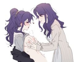 2girls asahina_mafuyu asahina_mafuyu's_mother blush clothed groping_breasts incest mother_and_daughter ponytail purple_eyes purple_hair simple_background tongue_out white_background yuri