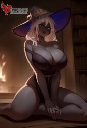 1girls 2d ai_generated ass barefeet big_ass black_body black_lips black_skin breasts dark-skinned_female dress elden_ring_nightreign erophoenix fantasy feet female female_focus full_body huge_breasts long_hair looking_at_viewer patreon_username recluse_(nightreign) solo solo_female sweat thick thick_thighs toes uncensored white_hair witch_hat