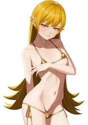 absurdres alternate_costume bikini blonde_hair blush breasts censored closed_mouth female gold_bikini highres long_hair looking_at_viewer monogatari_(series) mosaic_censoring navel nemo_ringo nipples oshino_shinobu pussy side-tie_bikini_bottom simple_background small_breasts solo swimsuit white_background yellow_eyes