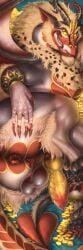 absurd_res anthro anus ass balls brown_balls chumbasket coin dragon erection erotis genitals glistening glistening_eyes gradient_penis grey_body grin hi_res knot looking_at_viewer lying male male_anthro markings mythological_creature mythological_scalie mythology on_side penis puffy_anus pupils red_body red_penis red_sclera scalie semi-anthro slit_pupils smile solo spade_tail spread_butt spreading tail white_body yellow_eyes yellow_markings yellow_penis