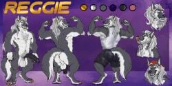 abs absurd_res anthro anus balls big_fangs big_penis black_bottomwear black_clothing black_penis black_shorts bottomwear canid canine canis chumbasket clothed clothing ear_piercing erection fangs flexing flexing_bicep front_view fur genitals grey_body grey_fur grin hair hat headgear headwear hi_res humanoid_genitalia humanoid_penis long_hair looking_at_viewer male male_anthro mammal model_sheet muscular muscular_anthro muscular_male narrowed_eyes nipples nude pecs penis piercing pose pubes rear_view red_anus red_clothing red_hat red_headwear red_nipples reggie_(cees-mind) shorts smile solo standing teeth topwear white_balls white_body white_clothing white_fur white_hair white_topwear wolf yellow_eyes