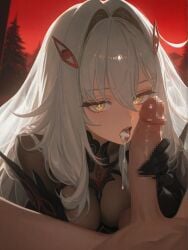 ai ai_art ai_assisted ai_generated blowjob cum cum_in_mouth fellatio genshin_impact holding_penis penis ronova_(genshin_impact) white_hair