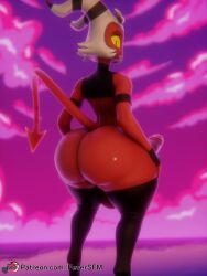 1boy 2024 2_horns 3d_(artwork) absurd_res balls big_balls big_penis black_clothing black_legwear bottom_heavy clothing demon digital_media_(artwork) eyebrows femboy feversfm fingerless_gloves fingers genitals gloves hair handwear hellaverse helluva_boss hi_res horn humanoid_genitalia humanoid_penis hung_femboy hung_trap imp legwear looking_at_viewer looking_back looking_back_at_viewer male moxxie_(helluva_boss) not_furry penis red_balls red_body red_penis red_skin solo tail teeth text url white_hair wide_hipped_male wide_hips yellow_sclera