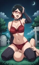 ai_generated ass bigmic145 black_hair boruto:_naruto_next_generations bra breasts bridal_gauntlets choker cleavage facesitting female glasses goth goth_girl gothic medium_breasts multicolored_hair naruto naruto_(series) navel panties red_hair sarada_uchiha tease teasing thighhighs