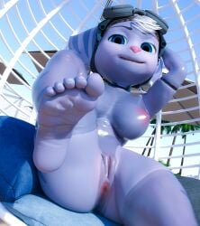 3d_(artwork) absurd_res anus breasts bustin3d clothing digital_media_(artwork) ear_piercing feet female foot_fetish foot_focus genitals hand_behind_head hi_res humanoid insomniac_games legwear lombax looking_at_viewer mammal nipples piercing pussy ratchet_and_clank rivet_(ratchet_and_clank) sitting smile soles solo sony_corporation sony_interactive_entertainment stirrup_legwear striped_body stripes translucent translucent_bodysuit translucent_clothing translucent_legwear vulva
