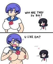 ... 2girls 2koma amakazari_eri black_eyes black_hair blue_eyes blue_hair blue_sailor_collar city_(arawi_keiichi) english_text huge_breasts literal_alguien looking_at_another makabe_matsuri meme navel neckerchief nipples open_mouth pink_eyes red_neckerchief school_uniform schoolgirl serafuku shirt_lift spanish_text speech_bubble text very_short_hair white_background white_serafuku your_bra_strap_is_showing_(meme)