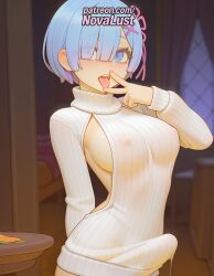 1futa 2025 ai_generated artist_name average_breasts blue_eyes blue_hair blurry blush breasts breasts breasts bust chest covered_nipples depth_of_field futanari hair_ornament hair_over_one_eye hair_ribbon hi_res high_quality high_resolution highres looking_at_viewer medium_breasts meme_attire no_bra normal_breasts novalust patreon patreon_username re:zero_kara_hajimeru_isekai_seikatsu rem_(re:zero) ribbed_sweater ribbon short_hair solo stable_diffusion sweater table tongue tongue_out watermark