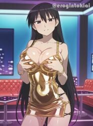 ai_generated azumanga_daiou big_breasts black_eyes black_hair bodycon bracelets breasts erogintokiai female gold_dress grabbing grabbing_breasts grabbing_own_breast huge_breasts indoors jewelry latex_clothing long_hair minidress navel sagging_breasts sakaki seductive_eyes seductive_look sexy_body sexy_clothing sexy_pose shiny_clothes soft_smile sweat sweaty_body tight_clothing tight_dress