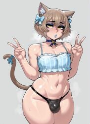 ai_generated brown_hair bulge cat_ears collarbone felix_argyle femboy hairbow looking_at_viewer makeup mayyreel otoko_no_ko panties peace_sign re:zero_kara_hajimeru_isekai_seikatsu ribbon tail thick_thighs trap yellow_eyes