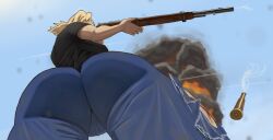 1girls ass big_ass breasts bubble_butt cameltoe clothing dat_ass explosion fat_ass female female_only fullmetal_alchemist fullmetal_alchemist_brotherhood gluteal_fold gun huge_ass large_ass metalsplinter outdoors pants rifle riza_hawkeye shirt solo solo_female thick_ass thick_thighs viewed_from_below weapon wide_hips