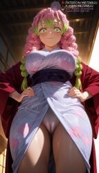 1girls ai_generated blush braid breasts cameltoe closed_mouth demon_slayer female floral_print from_below gradient_hair green_eyes green_hair hands_on_own_hips haori indoors japanese_clothes kanroji_mitsuri kimetsu_no_yaiba kimono large_breasts long_hair long_sleeves looking_at_viewer looking_down meitabuu mole mole_under_each_eye mole_under_eye multicolored_hair multiple_braids multiple_moles obi open_clothes panties pink_hair print_kimono sash smile solo striped_kimono thighs tri_braidskanroji_mitsuri twin_braids two-tone_hair underwear vertical-striped_kimono white_kimono white_panties wide_sleeves yukata