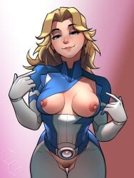 blonde_hair bodysuit breasts_out invisible_woman smile solo squishybolts torn_clothes