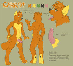 1boy anthro canine carrot carrotwolf demicoeur fur furry green_eyes male male_only model_sheet nude piercing solo tongue tongue_piercing wolf