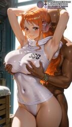 1boy 1girls ai_generated armpits arms_behind_head arms_up bald bangle blurry blurry_background blush bracelet breasts closed_mouth clothed_female_nude_male covered_navel covered_nipples cowboy_shot dark-skinned_male dark_skin deep_skin faceless faceless_male grabbing grabbing_another's_breast grabbing_from_behind groping headphones highleg hood hoodie indoors interracial jewelry large_breasts leotard long_hair looking_at_viewer meitabuu nami_(one_piece) nipples nude one_piece orange_eyes orange_hair panties see-through skin_tight sleeveless sleeveless_hoodienami_(one_piece) smile solo_focus straight thighs underwear white_leotard white_panties
