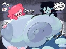 2d_(artwork) 2girls adventure_time areolae big_breasts black_hair blush body_horror gardegu grey_skin huge_breasts marceline pink_hair pink_skin princess_bubblegum vampire_girl