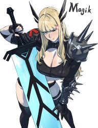 1girls :3 ;p absurdres armor asymmetrical_gloves big_breasts black_gloves blonde_hair blunt_bangs breasts character_name chinese_commentary cleavage cleavage_cutout clothing_cutout commentary crop_top enargeia female fingerless_gloves gloves heart highres holding holding_sword holding_weapon huge_breasts huge_weapon long_hair looking_at_viewer magik_(illyana_rasputin) magik_(x-men) marvel new_mutants one_eye_closed pauldrons short_shorts shorts shoulder_armor single_arm_guard solo spiked_pauldrons spikes sword taiyang_yu tongue tongue_out weapon x-men
