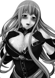 black_and_white blush breast_grab breast_push breasts cleavage clothing cum cum_on_body cum_on_breasts cum_on_face cum_on_upper_body facial grey_hair highres large_breasts monochrome selvaria_bles todd_special valkyria_chronicles valkyria_chronicles_1