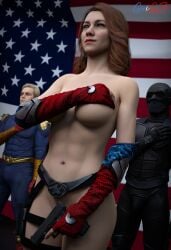 1girls 2boys 3d areolae big_breasts black_noir_(the_boys) breasts female female_focus firecracker_(the_boys) guigz1 gun homelander huge_breasts large_breasts male pistol public_nudity red_hair solo the_boys topless weapon