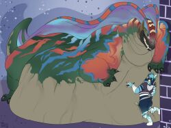against_surface against_wall ambiguous_gender anthro belly big_belly capcom duo erection fatty-sashimi feral frill_(anatomy) genitals glitch_(glitch308) grin huge_belly hyper hyper_belly leviathan_(mh) male membrane_(anatomy) monster_hunter morbidly_obese morbidly_obese_feral navel_fetish navel_penetration nude obese obese_feral overweight overweight_feral penetration penile penis red_body scales scalie sex size_difference smile tail teeth uth_duna