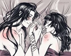 1boy 1girls after_sex afterglow artist_name bandage bandaged_arm bed bed_sheet bedroom bite_mark bite_mark_on_shoulder black_hair blush completely_nude elenachatnoir female greyscale holding_hands in_bed jinshi_(kusuriya_no_hitorigoto) kusuriya_no_hitorigoto lighting lipstick long_hair lying lying_on_bed lying_on_side male maomao_(kusuriya_no_hitorigoto) monochrome muscular muscular_male purple_hair romantic romantic_couple sleeping slight_blush smile straight under_covers viewed_from_above watermark wholesome