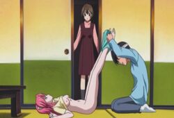 1boy 2girls animated arms_(studio) big_breasts breasts cap caught elfen_lied female horns kouta_(elfen_lied) long_hair lucy_(elfen_lied) male navel pink_hair red_eyes screencap shorts spread_legs sweater undressing very_long_hair walk-in yuka_(elfen_lied)