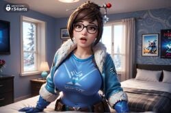 1girls ai_generated artist_name beads bed bedroom belt belt_pouch black-framed_eyewear blizzard_entertainment blue_gloves blue_shirt breasts brown_eyes brown_hair coat curtains flower fur-trimmed_jacket fur_trim glasses gloves hair_bun hair_ornament hair_stick hi_res indoors jacket lamp large_breasts lips looking_at_viewer mei_(overwatch) nose on_bed open_mouth overwatch overwatch_2 parka pillow pouch r34arts shirt short_hair single_hair_bun solo thick_lips window