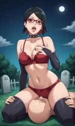 ai_generated ass bigmic145 black_hair boruto:_naruto_next_generations bra breasts bridal_gauntlets choker cleavage facesitting female glasses goth goth_girl gothic medium_breasts multicolored_hair naruto naruto_(series) navel panties red_hair sarada_uchiha tease teasing thighhighs