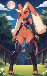 1girls 2025 ai_generated anthro black_sclera blushing brown_fur digitigrade eyeshadow female female_only generation_4_pokemon heterochromia hi_res innie_pussy lopunny moon night nintendo outdoors pokemon pokemon_(species) pussy red_eyes slit_pupils smile succubus thighhighs yellow_eyes