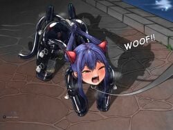 1girls barking battlebunny bitchsuit blue_hair blush bodysuit brown_eyes cat_tail cat_tail_buttplug collar collared crying cute_face fairy_tail female female_only latex latex_bodysuit latex_clothing latex_gloves latex_suit leash piddlefours small_breasts steel_collar thights twintails wendy_marvell