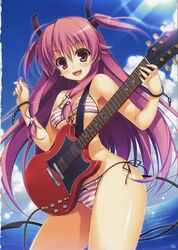 angel_beats! beach bikini guitar highres long_hair pink_hair red_eyes sg smile swimsuit yui_(angel_beats!)