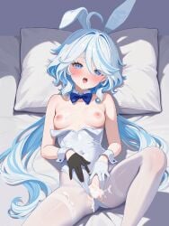 after_sex after_vaginal animal_ears asymmetrical_gloves black_gloves blue_bow blue_bowtie blue_eyes blue_hair blush bow bowtie clothing_aside covered_navel cum cum_in_pussy detached_collar fake_animal_ears female furina_(genshin_impact) genshin_impact gloves hair_between_eyes half_gloves head_on_pillow highres leotard leotard_aside leotard_pull long_hair looking_at_viewer lying mismatched_gloves multicolored_hair on_back open_mouth pantyhose pillow rabbit_ears rrr_gns_(riuriu_1212) solo strapless strapless_leotard streaked_hair teeth tongue upper_teeth_only white_gloves white_hair white_leotard white_pantyhose white_wrist_cuffs wrist_cuffs