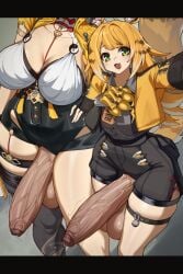 2futas big_balls big_breasts breasts cat_ears cat_tail catgirl exposed_penis futanari green_eyes huge_cock ju_fufu master_and_student mostly_clothed nnilaee penis precum small_breasts thick_thighs throbbing_penis veiny_penis wide_hips yixuan_(zenless_zone_zero) zenless_zone_zero