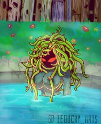 big_ass big_breasts breasts breasts breasts cartoon furry game grass green_hair grey_skin humanoid leduckyarts monster monster_girl night plant plants_vs_zombies pool red_eyes water