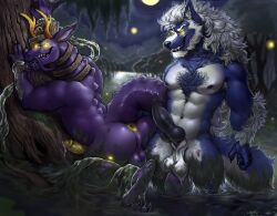 animal_genitalia animal_penis anthro anthro_on_anthro anus balls black_nipples black_penis blue_body blue_fur canid canine canine_genitalia canine_penis chumbasket dirty dragon duo erection fangs front_view fur genitals grin hair horn humanoid_genitalia humanoid_penis knot leaning leaning_forward male male/male mammal moon muscular muscular_anthro muscular_male mythological_creature mythological_scalie mythology narrowed_eyes night nipples nude open_mouth orange_horn outside partially_submerged penis purple_balls purple_body scalie side_view sky smile standing swamp teeth white_balls white_body white_fur white_hair yellow_anus yellow_eyes yellow_horn yellow_penis