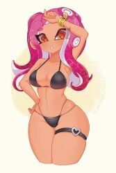 1girls agent_8_(octo_expansion) agent_8_(splatoon) artist_signature belly belly_button belt bikini black_bikini blush breasts cleavage dark-skinned_female dark_skin female female_focus infamousavage long_hair looking_at_viewer medium_breasts midriff navel nintendo octoling octoling_girl one_hand_on_hip orange_eyes pink_hair solo solo_female solo_focus splatoon splatoon_(series) splatoon_2 splatoon_2:_octo_expansion twitter_link wide_hips
