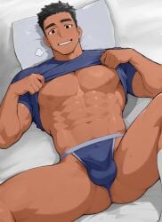1boy 2d 2d_(artwork) 2d_artwork abs adult adult_male anus_peek arms_bent ass ass balls bara bedsheets black_eyebrows black_eyes black_hair blue_shirt blue_swimsuit bodybuilder breath brown_areolae buldge bulge_through_clothing competition_swimsuit feet_out_of_frame gay gay_male grin legs_apart legs_spread lifting_shirt light-skinned_male looking_at_viewer lying_on_back male male_focus male_only muscles muscular muscular_male navel nipples no_penetration no_sex not_ai_generated on_back open_mouth open_mouth original original_character pecs pectorals pillow pulling_shirt_up saboteng shadow short_hair smiling smiling_at_viewer socks solo solo_focus solo_male spiky_hair stubble sweating tan_body tan_skin teeth teeth_showing thick_eyebrows thick_thighs tight_clothing white_pillow white_socks yaoi