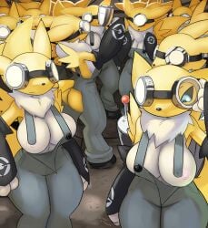 anthro anthro_female anthro_only ass big_ass big_breasts breasts clothed clothing despicable_me digimon digimon_(species) exposed_breasts exposed_nipples female female_only furry furry_female furry_only gloves goggles goggles_on_head minion multiple_girls overalls ozoneserpent partially_nude renamon shortstack thick_thighs two_tone_body two_tone_fur white_fur wide_hips yellow_body yellow_fur