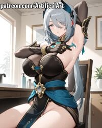 1girls ai_generated armpits artifical_art big_breasts blush chinese_clothes clitoris cum_in_pussy grey_eyes grey_hair hair_ornament hanya_(honkai:_star_rail) honkai:_star_rail honkai_(series) hoyoverse long_hair mihoyo pale-skinned_female pale_skin perfect_body pussy shaving_armpits solo spread_legs tiara