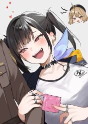 1boy 2girls :d absurdres anis_(nikke) big_breasts black_choker breasts choker commander_(nikke) condom condom_wrapper goddess_of_victory:_nikke highres holding holding_another's_arm holding_condom jealous jewelry large_breasts mole mole_under_eye multiple_girls nigi_(ngmnoym) open_mouth red_eyes ring smile sora_(nikke) teeth twintails