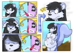 2011 anthro areola biped black_hair bloated blue_body blue_eyes blue_fur blue_markings breasts colored countershade_face countershade_fur countershade_torso countershading directional_arrow eye_color_transformation female fox0808 fur looking_at_self looking_down_at_self mammal markings mephitid meter multicolored_body navel nipples nude open_mouth pregnant pregnant_anthro pregnant_female purple_eyes skunk skunk_tail solo standing surprise swelling tail takeover text transformation white_body white_countershading
