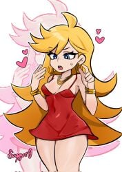 1girls angel artist_name blonde_hair blue_eyes curvy evygur0 heart hips light-skinned_female light_skin panty_&_stocking_with_garterbelt panty_anarchy perky_breasts red_dress short_dress small_waist thick_thighs