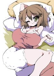 1girls ayumu_niikura bed bed_sheet breasts brown_hair city_(arawi_keiichi) cleavage closed_mouth huge_breasts looking_at_viewer lying lying_on_bed muu_rian on_bed one_eye_closed pillow pink_shirt sexually_suggestive shirt short_hair shorts smile solo yellow_eyes