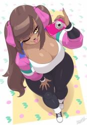 1girls anthro big_breasts blep brown_body brown_hair camera canid canine cleavage clothing domestic_dog eyelashes female female_only hair_ribbon hi_res long_hair looking_at_viewer mole mole_on_breast mole_under_eye mole_under_mouth original original_character skecchiart smiling smiling_at_viewer solo thick_thighs twintails viewed_from_above wink winking_at_viewer yellow_eyes